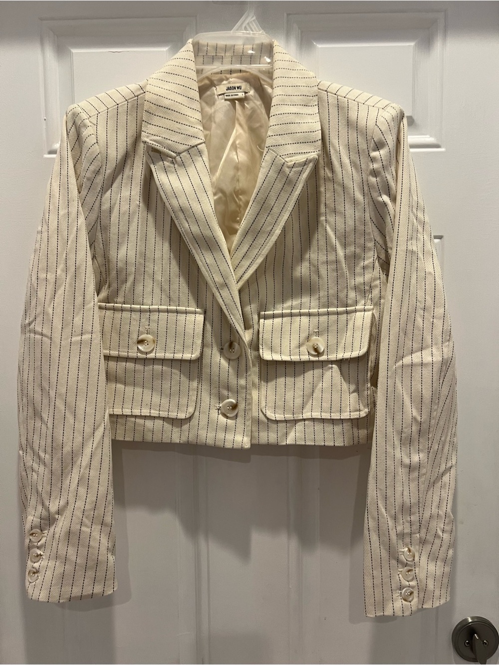 Jason Wu Women Cream Pinstripe Cropped Blazer Jacket Size L Pockets Lined #938